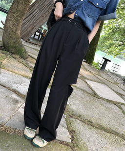 2023年夏季韩版设计感黑色休闲拖地长裤宽松西裤女时尚阔腿裤
