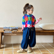 女童毛衣秋装2023韩版女宝宝洋气时髦格子针织衫儿童连帽外套