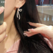 S925纯银满钻蝴蝶结耳环女小众设计感耳钉轻奢高级感方圆脸耳饰女