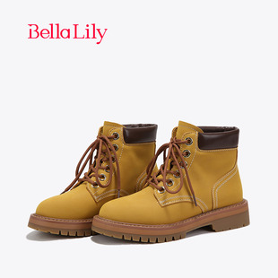 bellalily机车棕色时尚马丁靴女大黄靴短靴，牛皮工装靴子