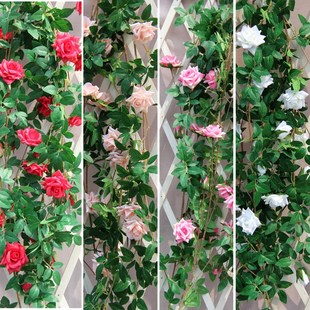 仿真装饰大玫瑰花藤条壁挂园艺假蔓藤绢花绿植物悬挂花卉鲜花管道