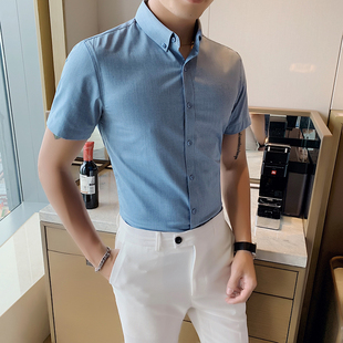 夏季男装修身免烫短袖，衬衫韩版英伦薄款衬衣，舒适透气上衣上班衬衫
