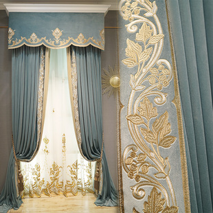 品牌奢华高档欧式窗帘客厅，帘头幔绣花丝绒布，莫兰迪成品遮光落地窗