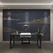现代中式线条墙布电视背景墙卧室客厅沙发墙纸轻奢山水素描壁画船