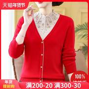 妈妈装本命年红色100纯羊毛绒，针织衫秋冬半高领，假两件厚毛衣