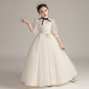 女童表演服主持人公主裙仙气儿童礼服白色婚礼小女孩中袖演出服女