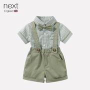 英国NEXT儿童套装夏季男宝宝英伦风格子衬衫背带短裤领结花童礼服