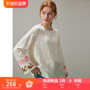 dfvc春季中国风白色，圆领刺绣衬衫，2024女拼接绣花衬衣宽松薄款