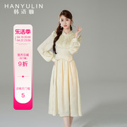 韩语琳春季长袖连衣裙女2024高级感法式气质收腰温柔春秋裙子