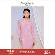 Goodland美地女装2023秋季立体曲线提花复古POLO领针织连衣裙