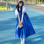 复古蓝色背带连衣裙女装夏季设计感森系吊带长裙2023学生裙子