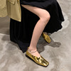 小众高级设计金色方头低跟单鞋女2023春季漆皮气质圆环平底鞋