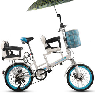 定制童车亲子母子接送孩子自行车折叠变速碟刹围栏安全带双人妈妈