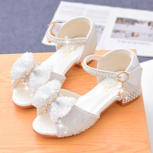 儿童凉鞋夏季公主水晶鞋，2024女童高跟鞋小女孩软底，白色演出鞋