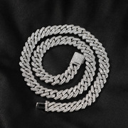 嘻哈10mm宽锆石条形古巴链，项链男士个性时尚盒子扣镶钻项链