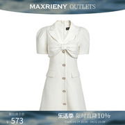 奥莱MAXRIENY白色西装裙短袖蝴蝶结连衣裙复古中长