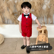 男童绅士西装夏款套装英伦花童宝宝周岁礼服帅气背带裤三件套红色