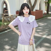 艺野系 花瓣拼接领蝴蝶结紫色t恤女夏小众设计感甜美可爱短袖上衣