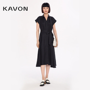 Kavon/卡汶赫本风显白粘麻高级知性风格X型大摆短袖束腰女连衣裙