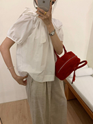lovely夏季韩版甜美减龄糖果色飘带领纯棉短袖衬衫上衣S6399#