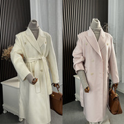 2023秋冬双面手缝羊驼毛大衣，韩系西装领双排，扣高级感毛呢外套白色