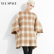 yuespace双面羊毛大衣外套，女士圆领七分袖，宽松格子中长款毛呢秋冬