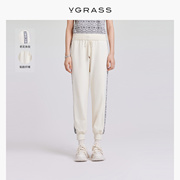 vgrass老花纹白色裤子，夏季高腰户外运动裤子女vxk4o21600