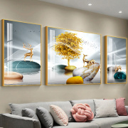 客厅装饰画三联沙发背景墙壁画，新中式轻奢挂画简约北欧麋鹿风景画
