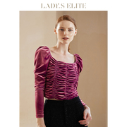 ladyselite慕裁上衣女梯，型领丝绒短款2023淑女，温柔气质长袖卫衣