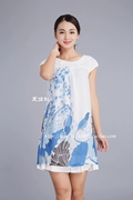 中国风特水墨荷花折边领口，清凉雪纺连衣裙(蓝)