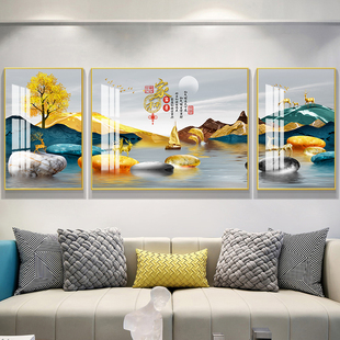 客厅装饰画山水画沙发背景墙，轻奢壁画三联水晶新中式现代简约挂画