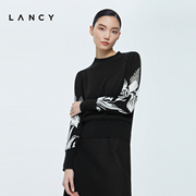lancy朗姿羊毛针织衫，2022冬季半高领黑色，印女士花毛衣打底衫
