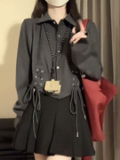 两件套装美式复古设计感绑带短款长袖衬衫，+黑色百褶半身裙女学生