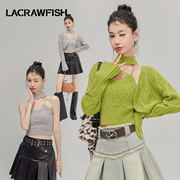 lacrawfish温柔系辣妹挂脖针织毛绒吊带背心开衫，毛衣两件套装女