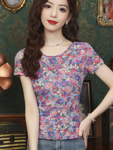 韩版网纱短袖t恤女士，夏季2024圆领碎花，打底衫显瘦高级感上衣