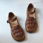 纯手工编织夏季镂空凉鞋，脚踝扣带包头外贸，真皮复古女鞋平底单鞋潮