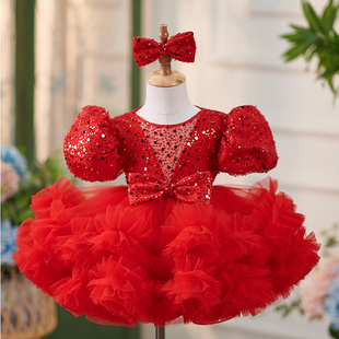 女童礼服红色亮片公主裙走秀生日主持人钢琴比赛演出服高端蓬蓬纱
