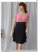 夏季粉红黑色拼接圆领，修身高腰通勤淑女雪纺短袖，连衣裙蛋糕裙中裙