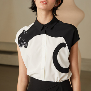 咖沫原创设计2022年豹系列，撞色短袖衬衫艺术风格修身上衣女夏