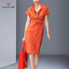 气质橘红色修身衬衫裙，夏2023收腰显瘦时尚，轻熟风连衣裙中长款