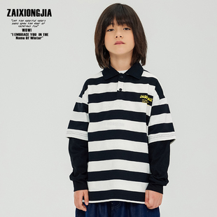zaixongjia黑白宽条纹套头polo衫，上衣打底衫，t恤春秋假两件童装