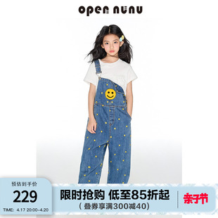 opennunu女童复古笑脸背带裤，春季潮流宽松阔腿直筒显瘦牛仔裤