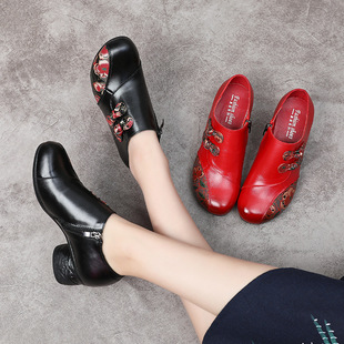 高档女士红色本命年单鞋，春秋民族风牛皮粗跟四季款跳舞妈妈鞋