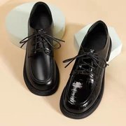 品牌黑色小皮鞋女2023四季通用系带休闲单鞋，英伦风低跟乐福鞋