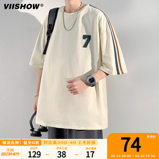 viishow短袖美式高街上衣男2024夏季设计感潮流条纹宽松t恤