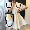 韩国chic夏季法式复古大翻领单排扣宽松百搭短袖，小个子娃娃连衣裙