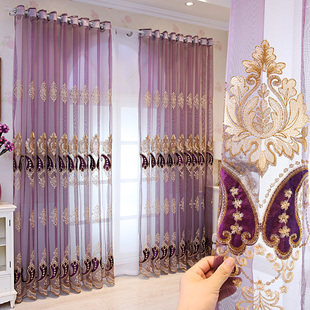 高档贴绒绣花客厅阳台，书房餐厅欧式紫色成品别墅落地窗窗纱帘