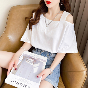 设计感小众短袖t恤女夏季韩版宽松ins小个子个性，露肩性感上衣服潮