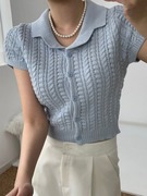韩国chic夏季减龄复古小众气质翻领显瘦修身麻花糖果色针织毛衣女