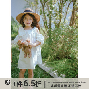史豌豆女童露肩设计温柔白色连衣裙2023夏季女孩时髦洋气裙子
